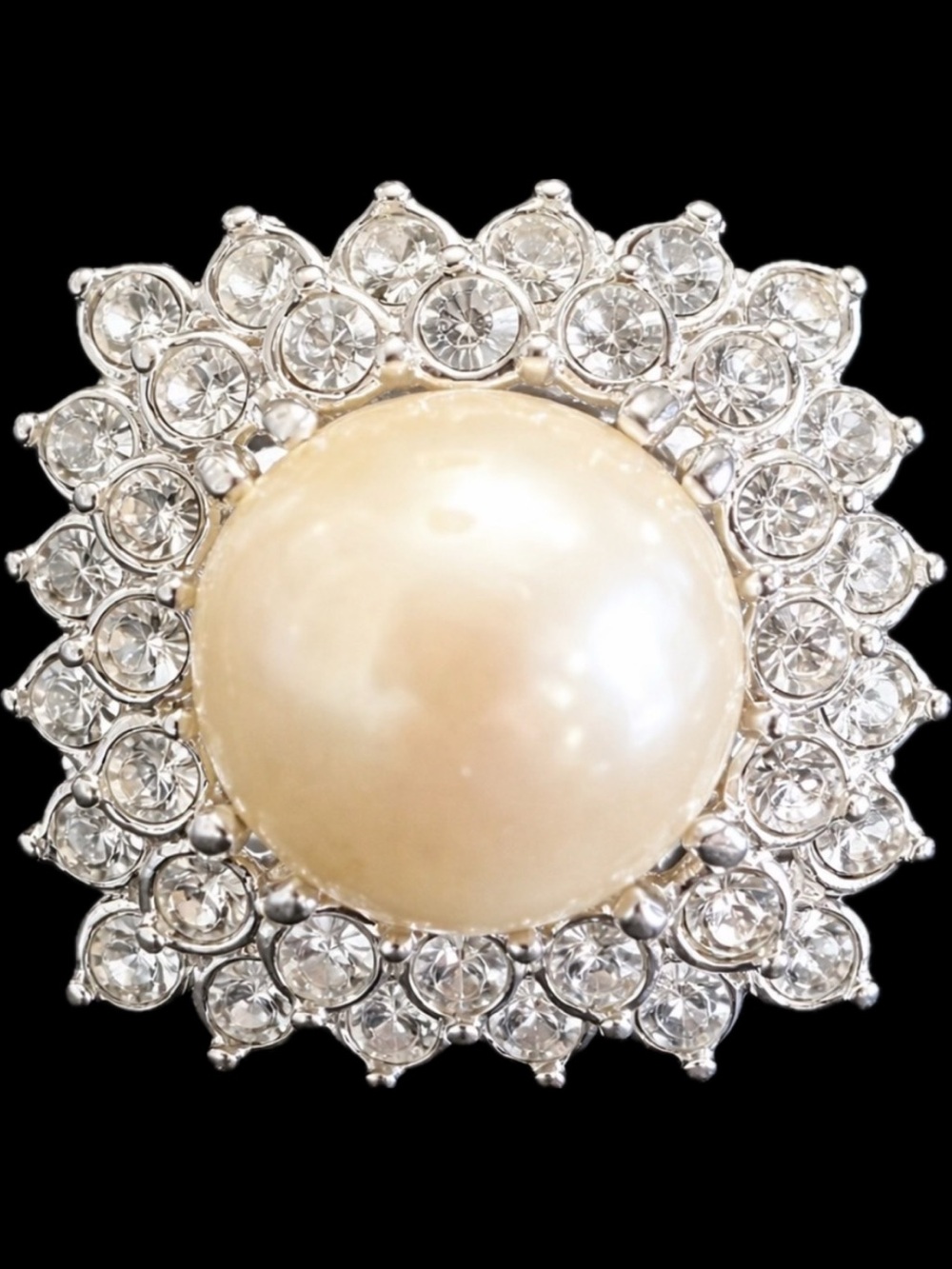 Cindy Adams Vintage Estate Pearl Crystal statement cocktail Ring HSN Silver Band